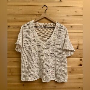 Vintage Teddi Size XL Open Knit Crochet Button Front Coquette Sweater Cardigan